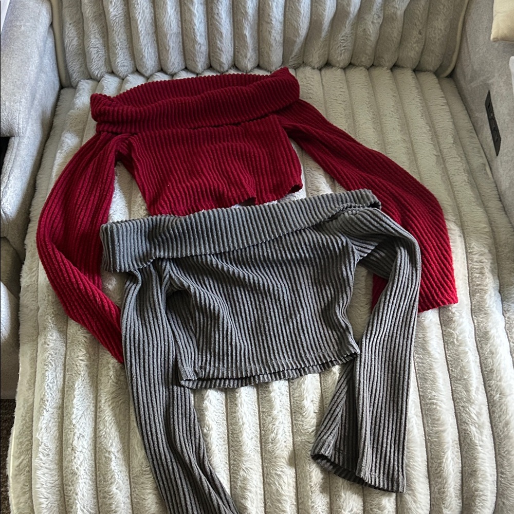 SHEIN Red and Gray Off-Shoulder Sweater